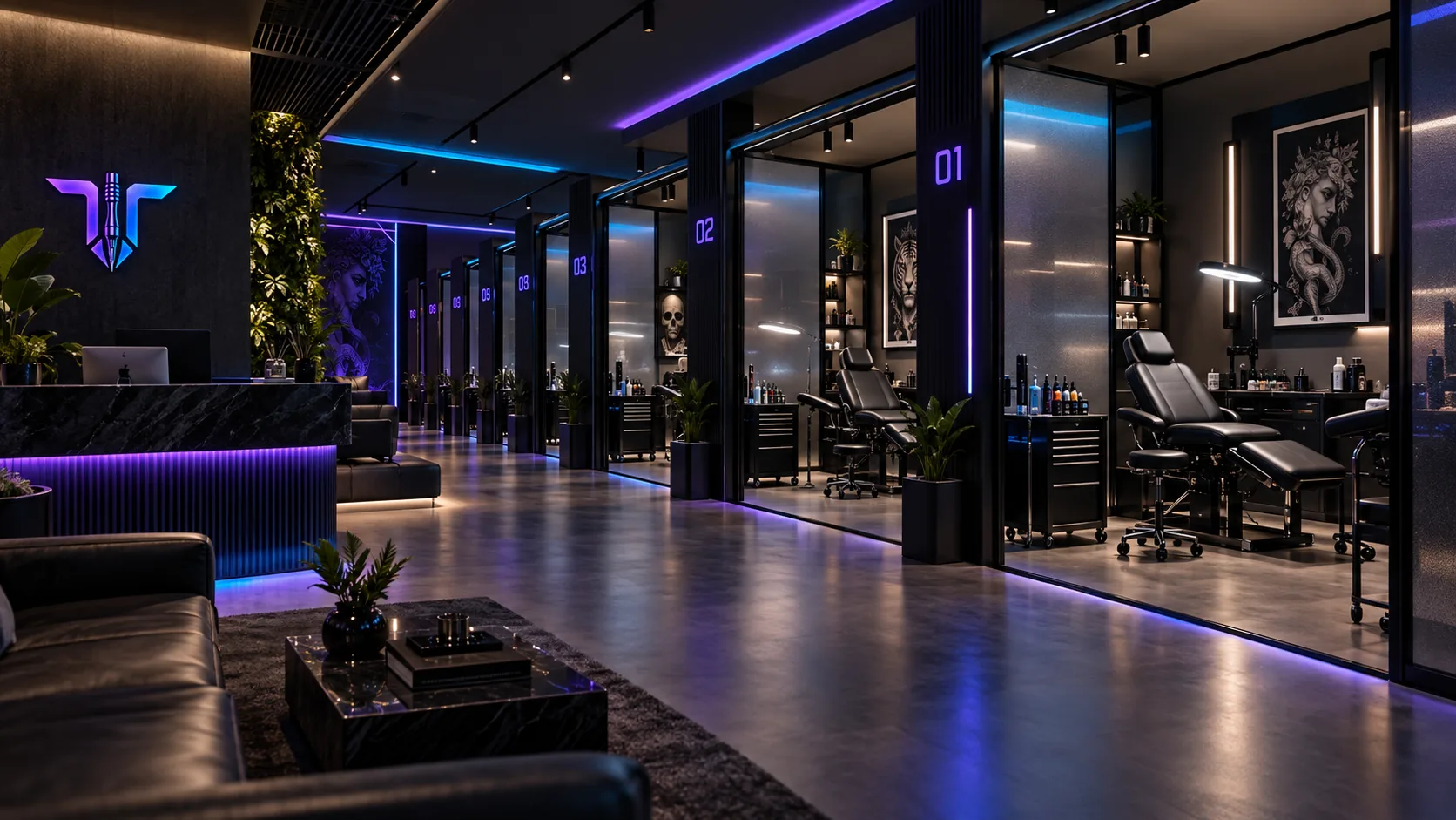Premium futuristic tattoo studio cabin workspace visual