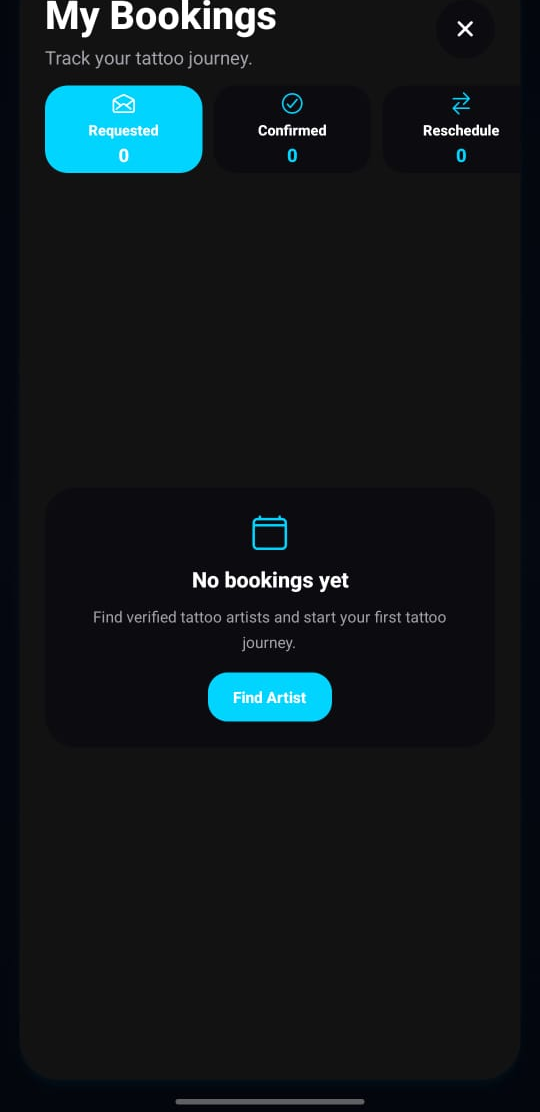Tatzo booking and tattoo journey tracking screen
