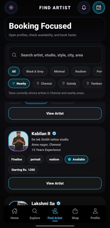 Tatzo Find Artist booking-focused discovery screen