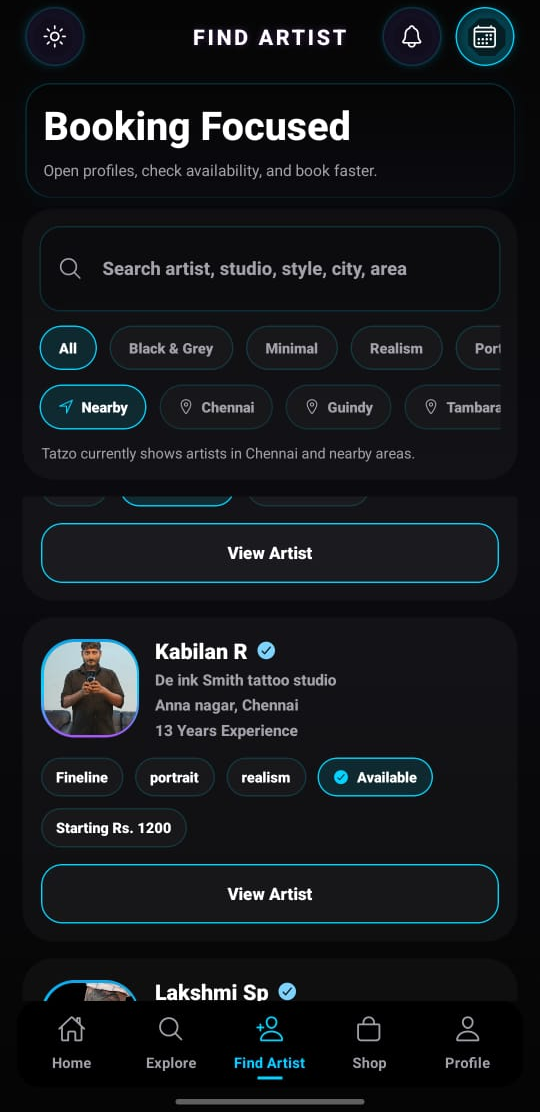 Tatzo artist discovery screen